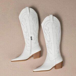 Women White Western Cowboy Boots Knee High Pointed Toe Cowgirl Boots With Zipper